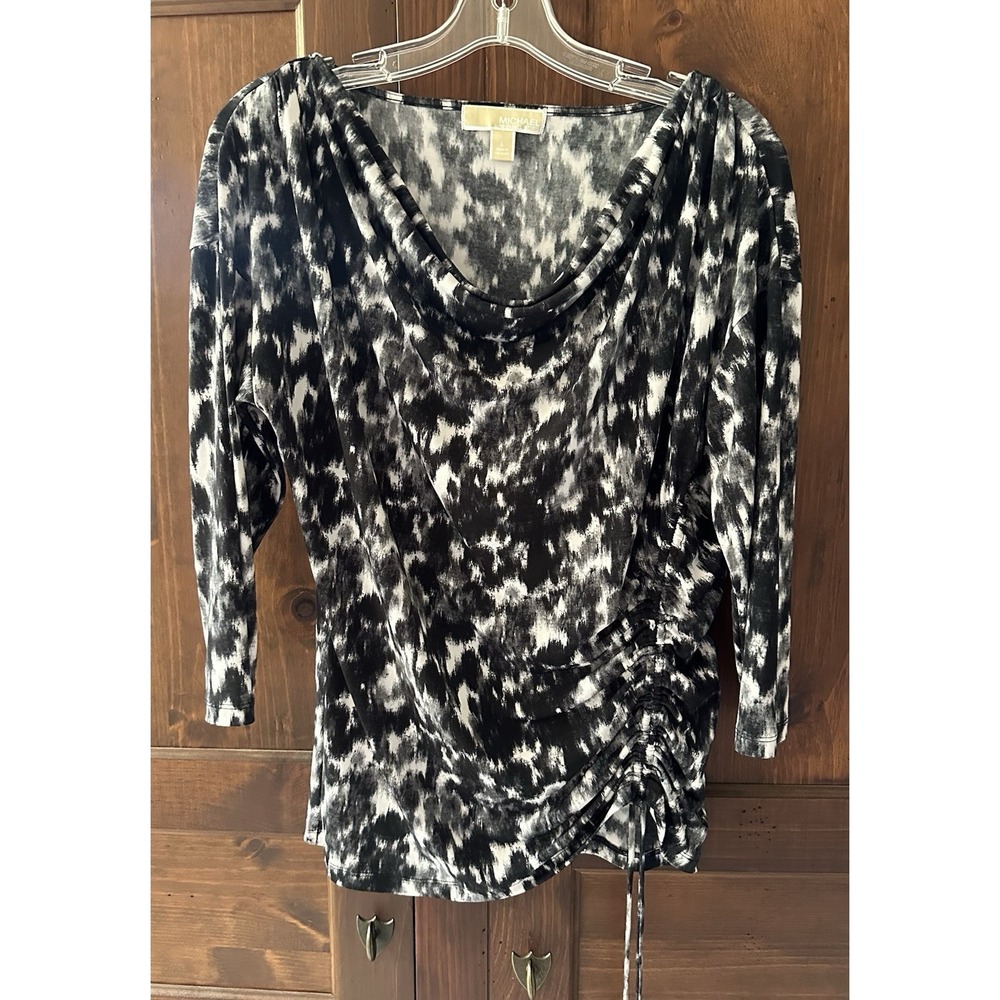 Michael‎ Kors Black & White Patterned Women's Ruched Side Blouse Large